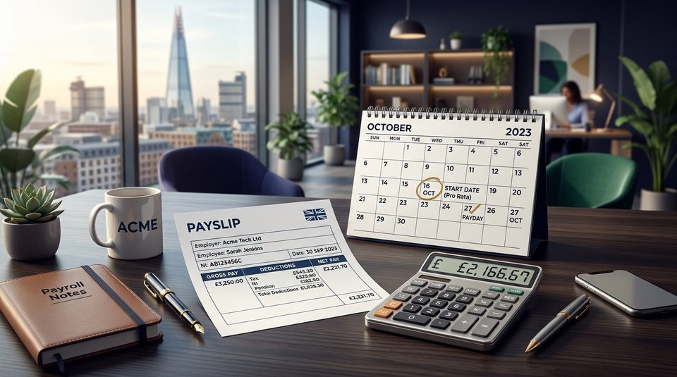 Calendar and payslip on desk for partial month pro rata salary calculation
