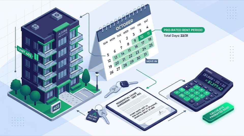 House, lease contract, and keys for mid-month prorated rent calculation