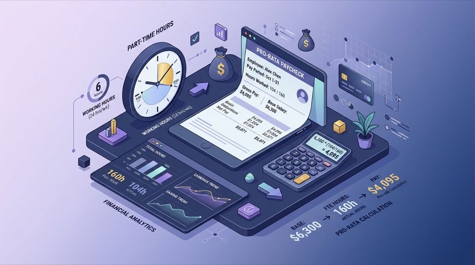 Paycheck, calculator, and clock for part-time pro-rata salary calculation
